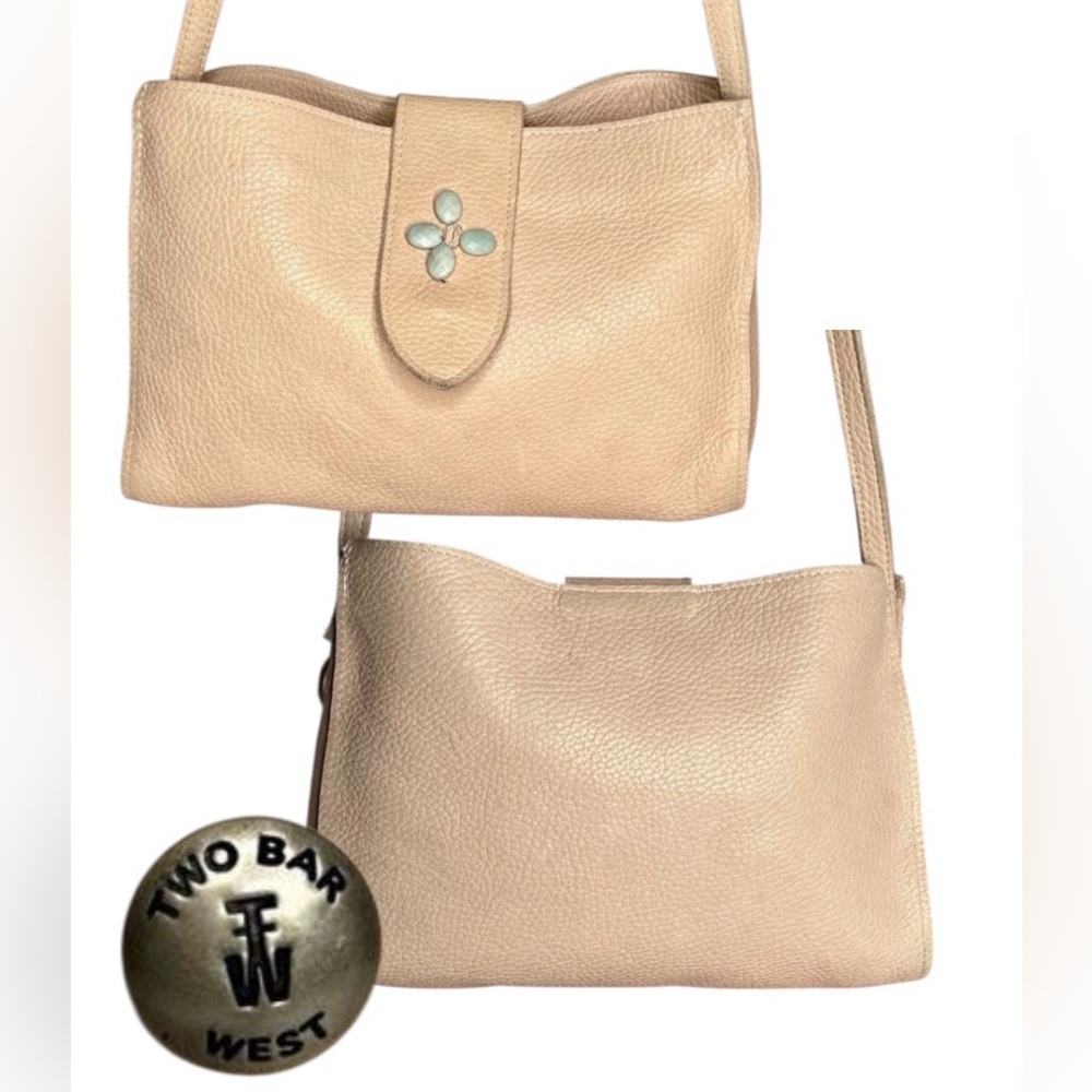 Two Bar West Leather Beige peach Cowhide shoulder bag Purse w/ Turquoise accent
